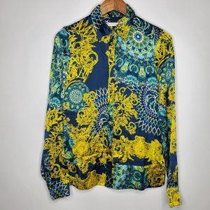 Versace Collection Womens 100% Silk Blouse Size 40 Baroque Blue Gold Art To Wear